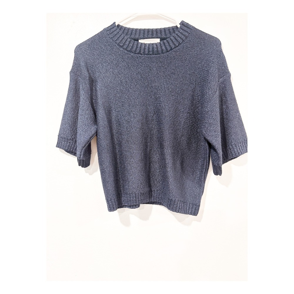 Anthropologie Blue Metallic Short Sleeve Sweater Crew Neck Ribbed Knit S NWT
